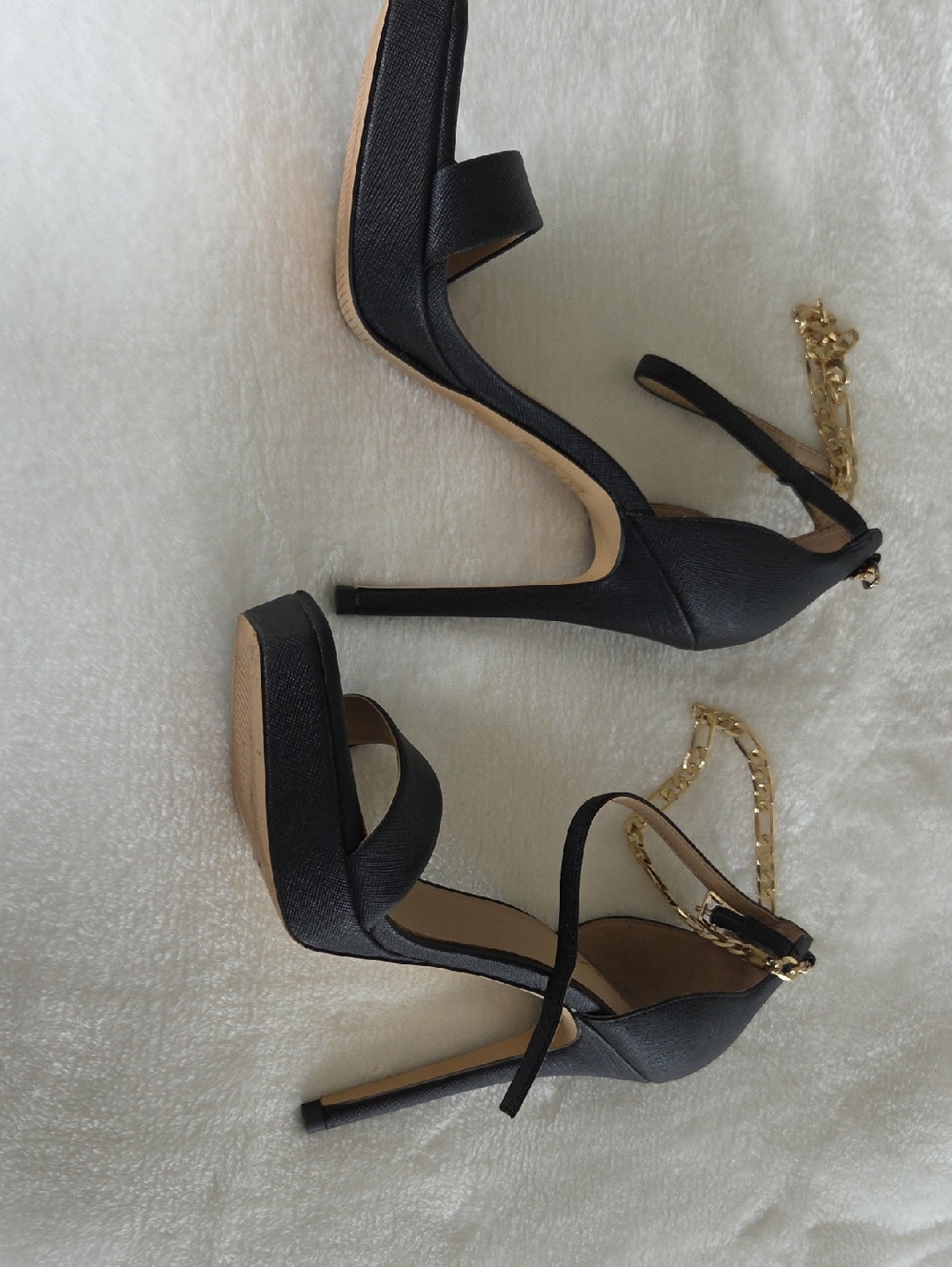Aldo Black Platform Stiletto Sandals with Gold Chain Ankle Detail